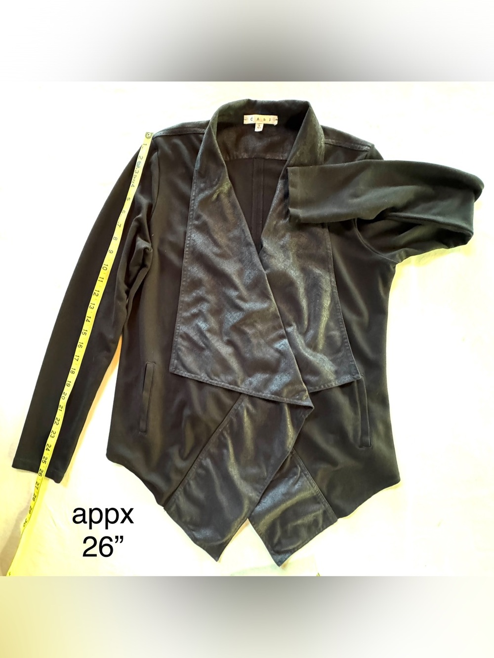 CAbi #527 Black Owens Jacket Waterfall Moto Faux Leather Trim Open Cardigan (L) - Picture 12 of 17